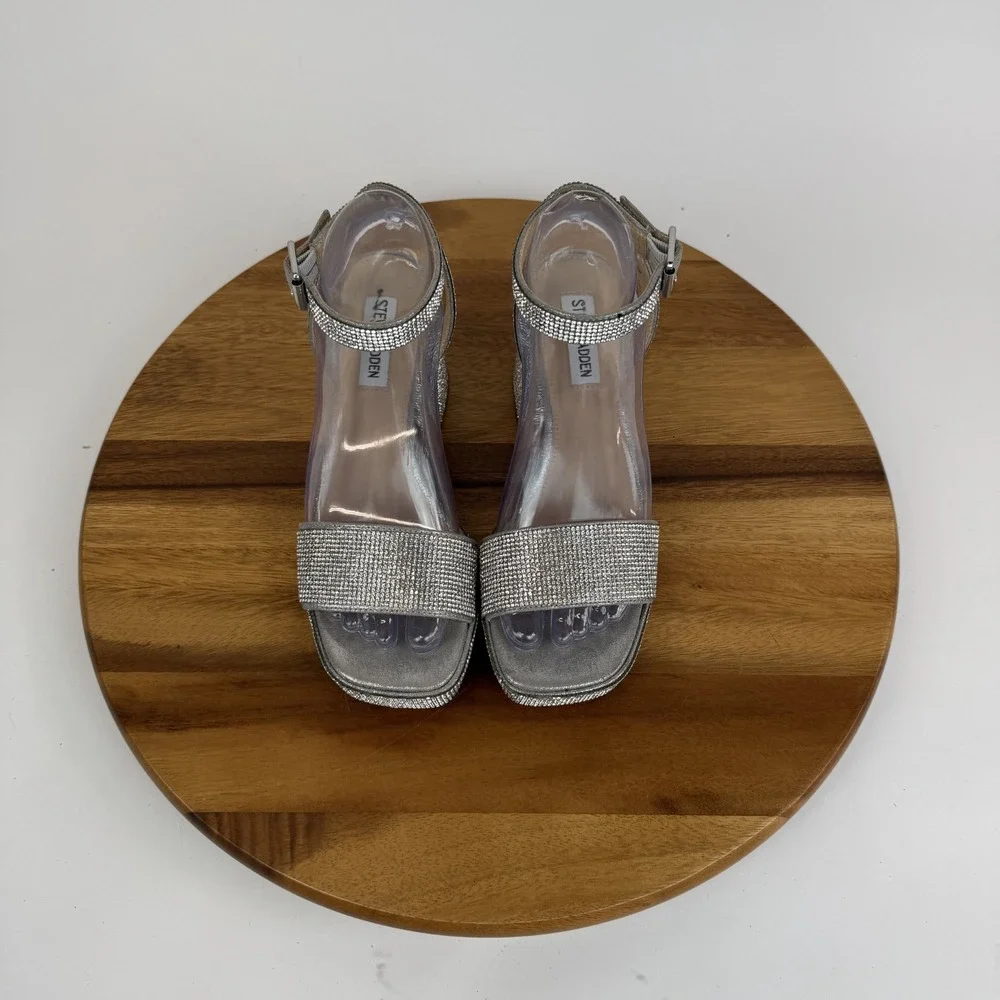 Womens Steve Madden Mercerr Silver Rhinestone Platform Sandal Heels Size 7 M GUC